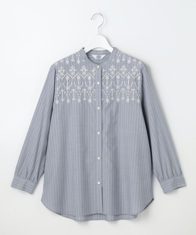 J.PRESS LADIES L ストライプ×エンブロイダリー バンドカラー ブラウス ネイビー×ホワイト系