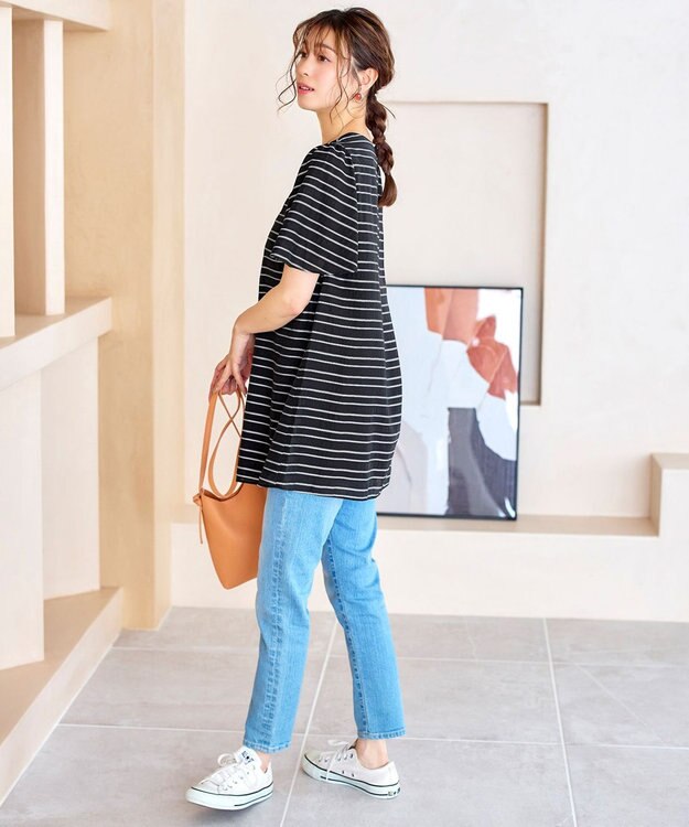 Tiaclasse 【洗える】ランダムボーダーチュニックブラウス ブラック