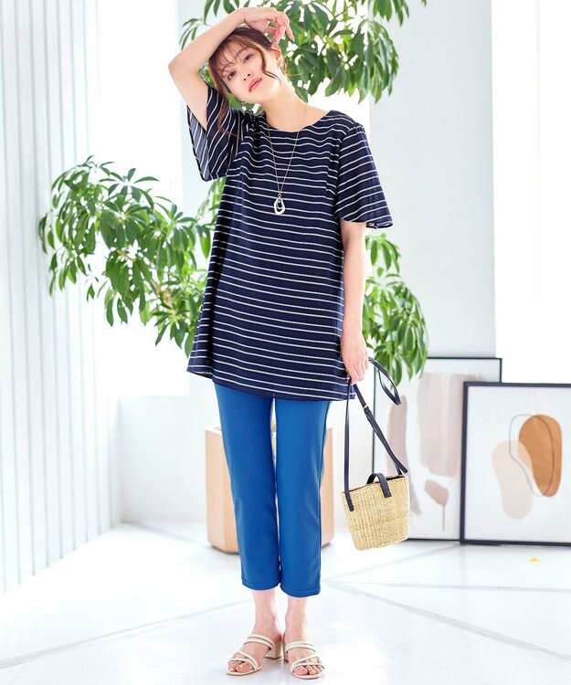Tiaclasse 【洗える】ランダムボーダーチュニックブラウス ネイビー