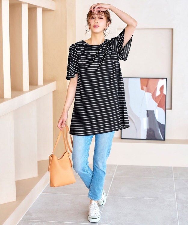 Tiaclasse 【洗える】ランダムボーダーチュニックブラウス ブラック