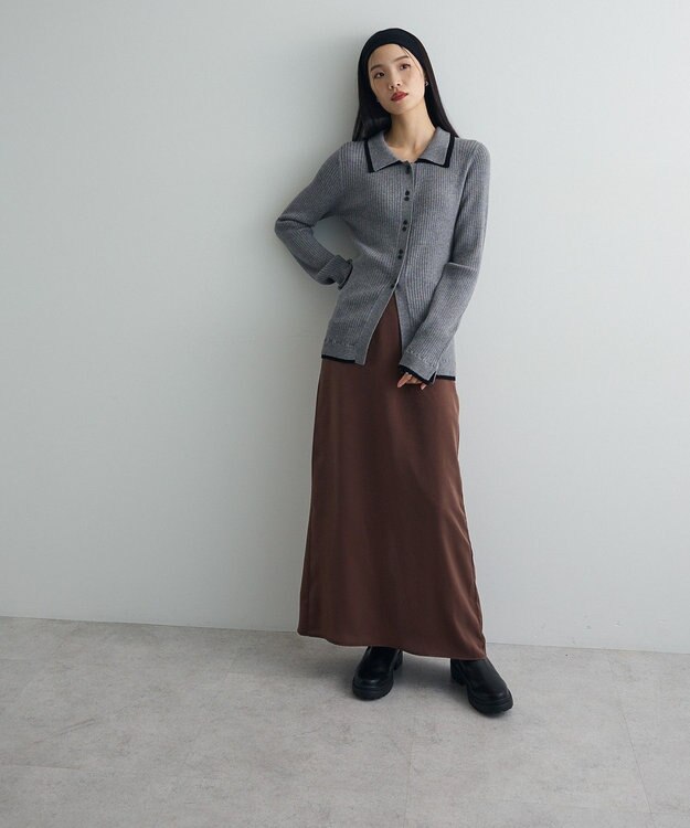 Green Parks 配色レイヤードポロリブニットカーディガン Gray Mixture