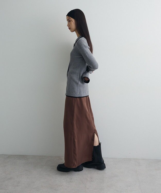 Green Parks 配色レイヤードポロリブニットカーディガン Gray Mixture