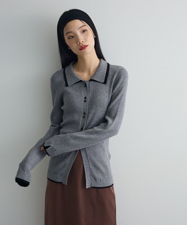 Green Parks 配色レイヤードポロリブニットカーディガン Gray Mixture