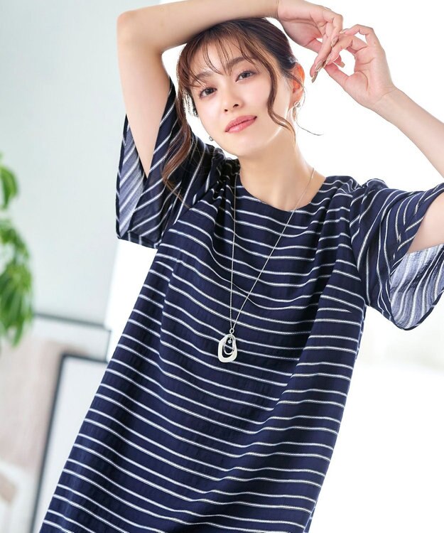 Tiaclasse 【洗える】ランダムボーダーチュニックブラウス ネイビー