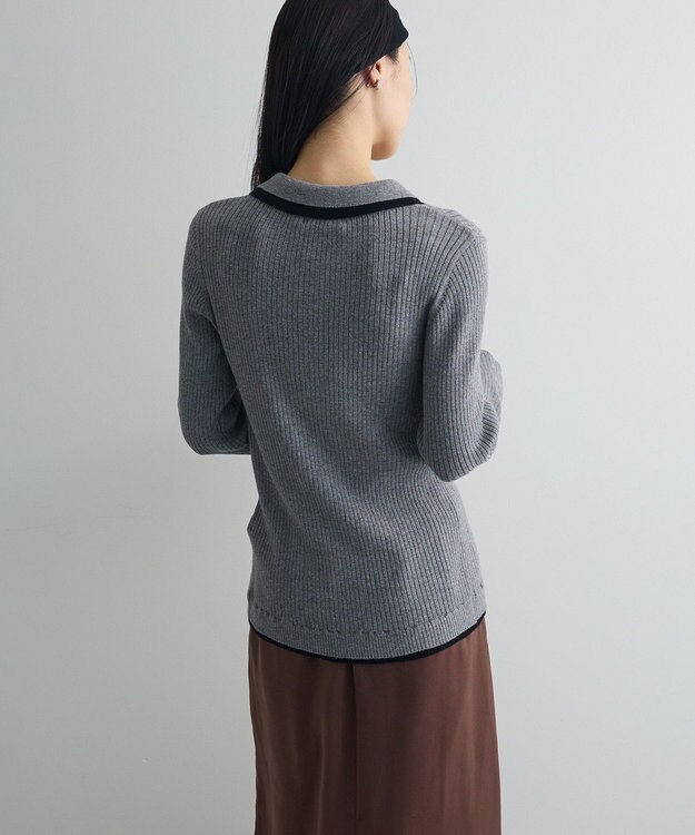 Green Parks 配色レイヤードポロリブニットカーディガン Gray Mixture