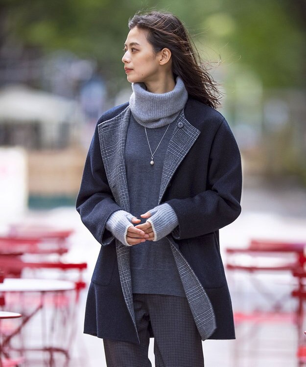 J.PRESS LADIES L 【リバーシブル】ウールナイロン リバー チェック ミドル コート ネイビー系