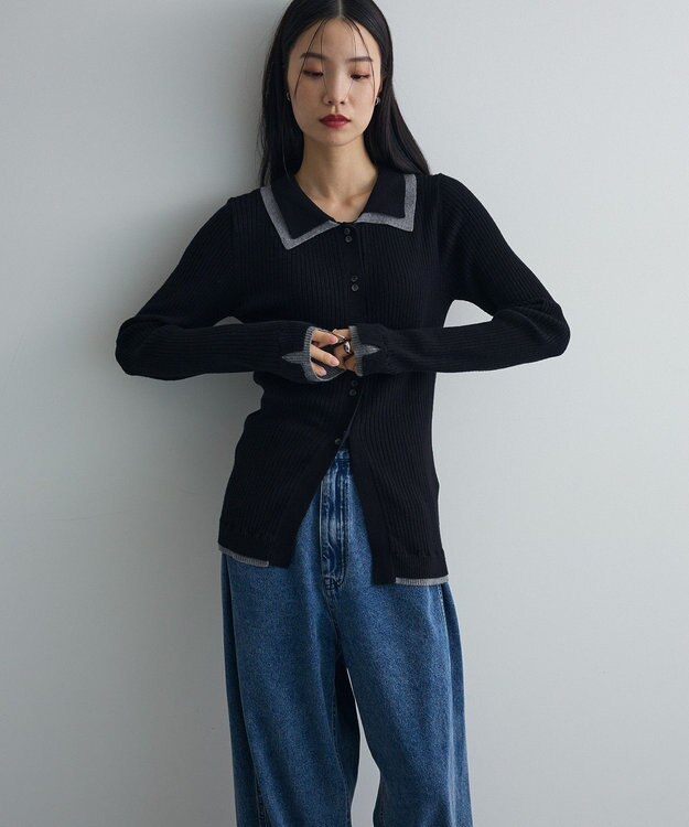 Green Parks 配色レイヤードポロリブニットカーディガン Black