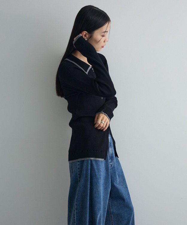 Green Parks 配色レイヤードポロリブニットカーディガン Black