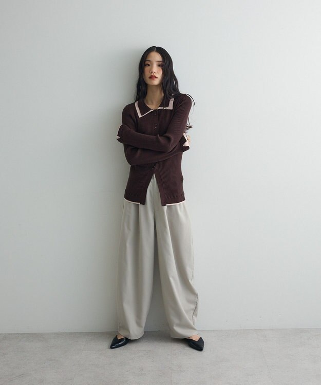 Green Parks 配色レイヤードポロリブニットカーディガン Brown