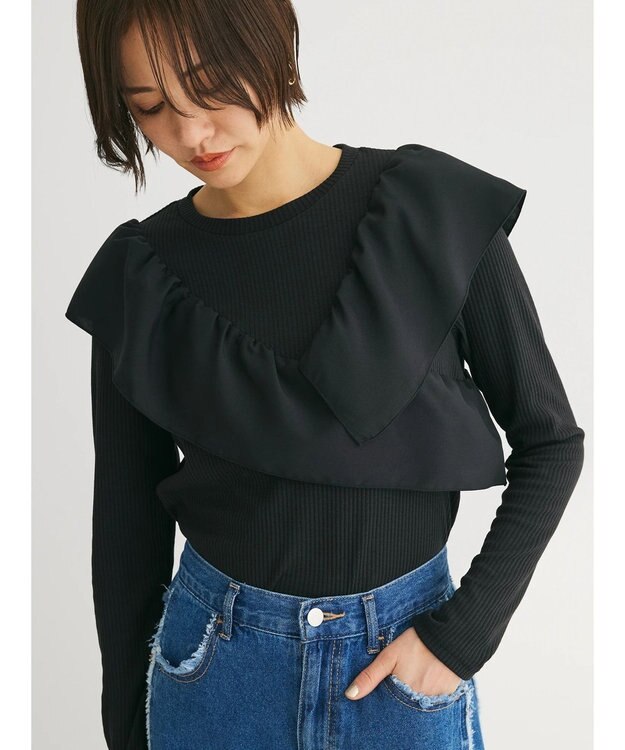 Green Parks ・ＳＵＧＡＲ　ＳＰＯＯＮ　アシンメトリーフリルロンＴＥＥ Black