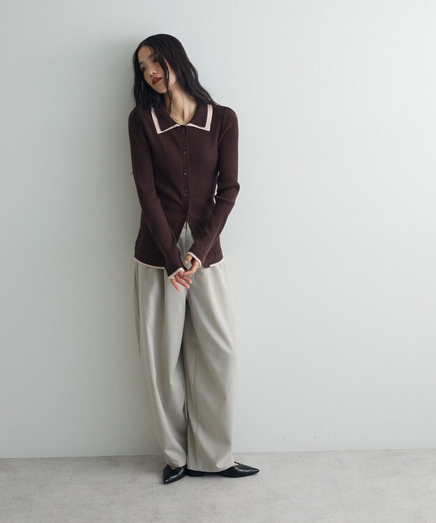 Green Parks 配色レイヤードポロリブニットカーディガン Brown