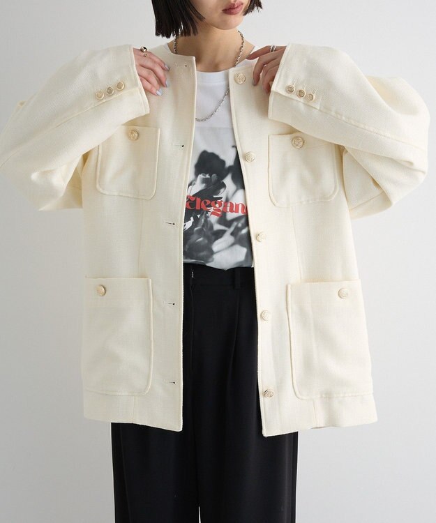 Green Parks ツィードミディ丈ジャケット Off White