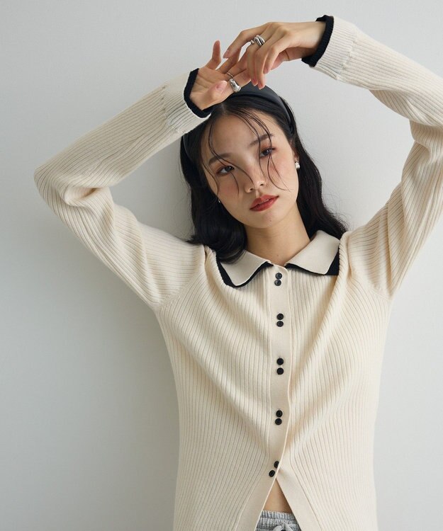 Green Parks 配色レイヤードポロリブニットカーディガン Ivory