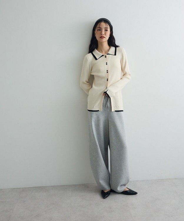 Green Parks 配色レイヤードポロリブニットカーディガン Ivory