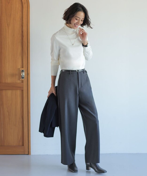 J.PRESS LADIES ジョーゼット裏起毛 ワイド パンツ チャコール×ネイビー系