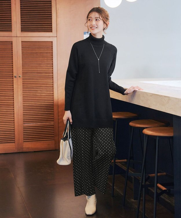 Tiaclasse 裏起毛ボックスプリーツパンツ ブラックドット