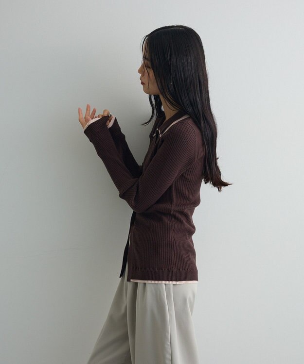 Green Parks 配色レイヤードポロリブニットカーディガン Brown