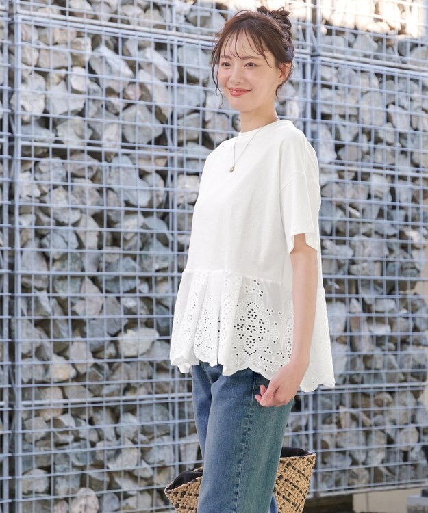 Tiaclasse 【洗える】刺繍レースドッキングカットソートップス オフホワイト