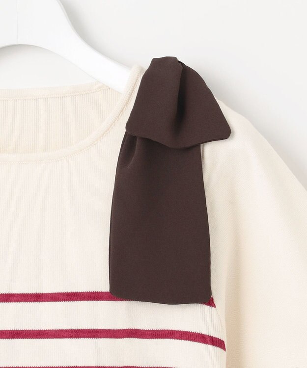 Feroux 肩リボン ペプラムニット ピンク系ボーダー