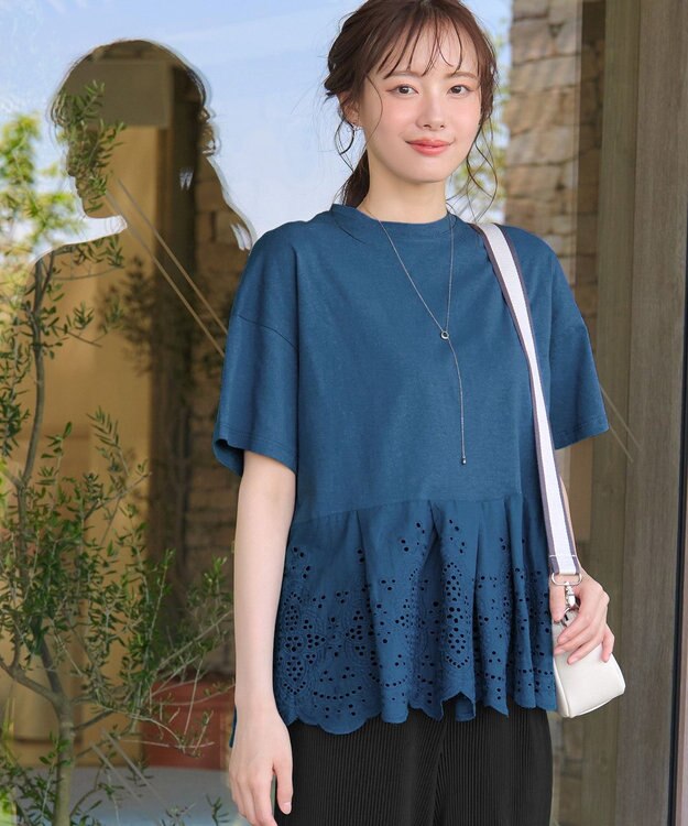 Tiaclasse 【洗える】刺繍レースドッキングカットソートップス ブルー