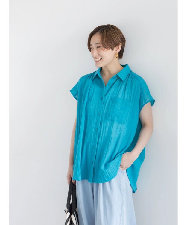 Te chichi 【7色展開】シャンブレーボイルフレンチスリーブシャツ ブルー