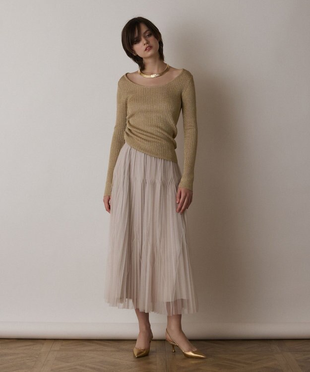 GRACE CONTINENTAL ラメリブクルーネックトップ ゴールド