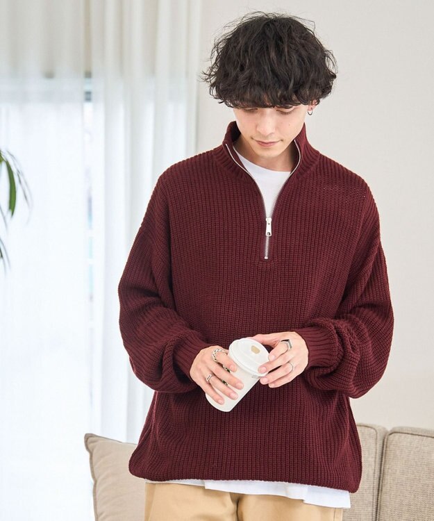 WEGO ルーズフィットハーフZIPプルオーバー ワイン