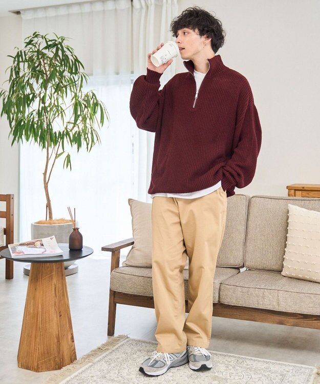 WEGO ルーズフィットハーフZIPプルオーバー ワイン