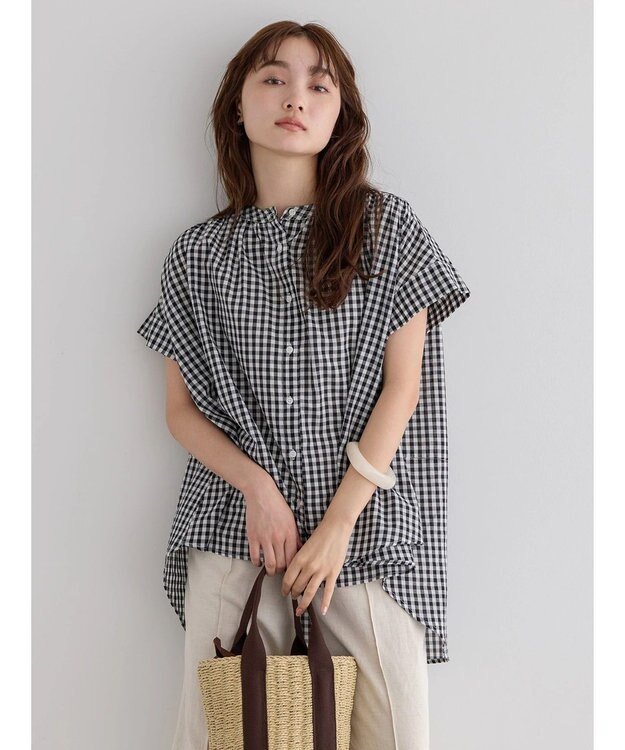 AMERICAN HOLIC フレンチスリーブバック切替シャツ Check Black