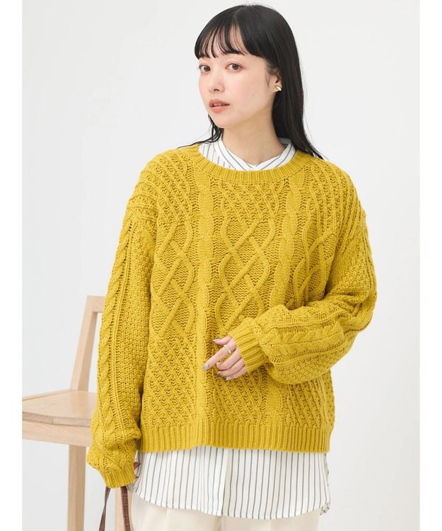 earth music&ecology ウォッシャブルケーブルプルオーバー Mustard