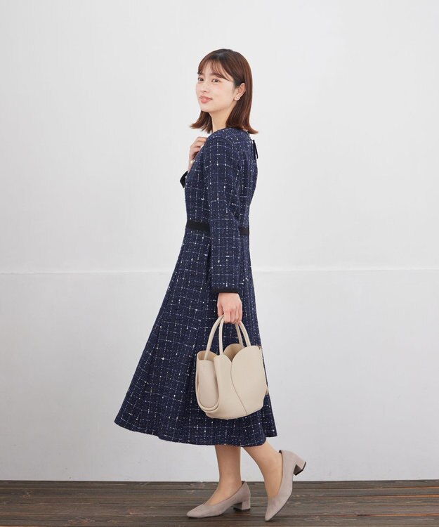 Tiaclasse L 【安田美沙子さん着用・新色追加】配色ツイードワンピース ネイビー