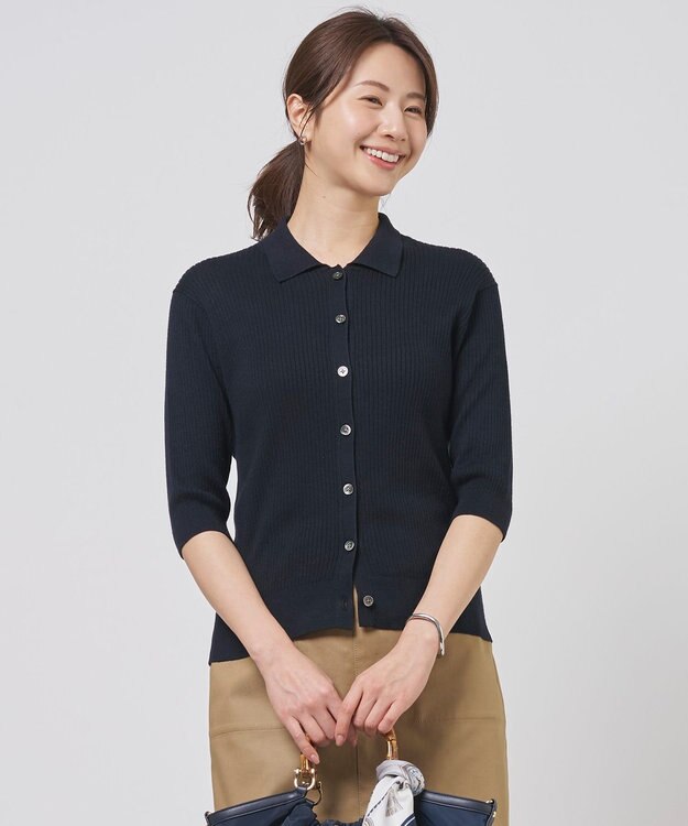 J.PRESS LADIES S LINEN COTTON ポロ ニット ネイビー系