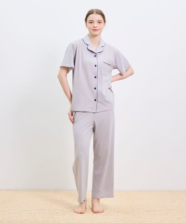 une nana cool 【綿100%】スビン天竺 半袖開襟パジャマ MADE WITH LIBERTY FABRIC グレー
