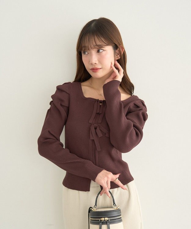 earth music&ecology レイヤード風ギャザーショルダーリブニット Brown