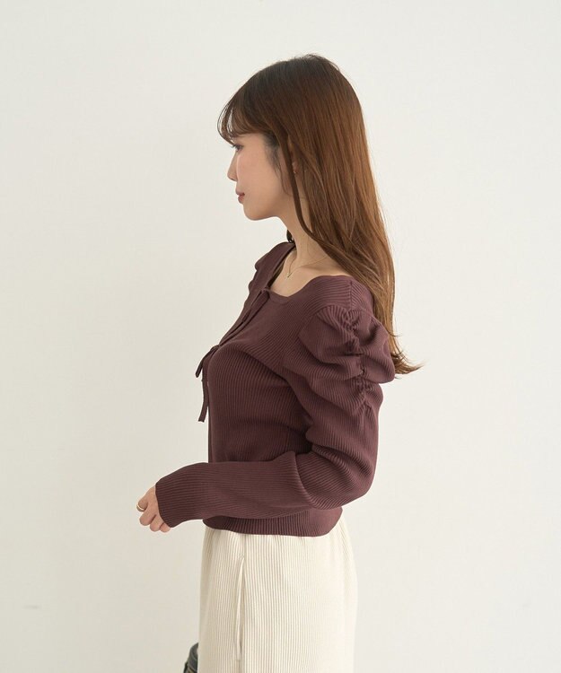 earth music&ecology レイヤード風ギャザーショルダーリブニット Brown