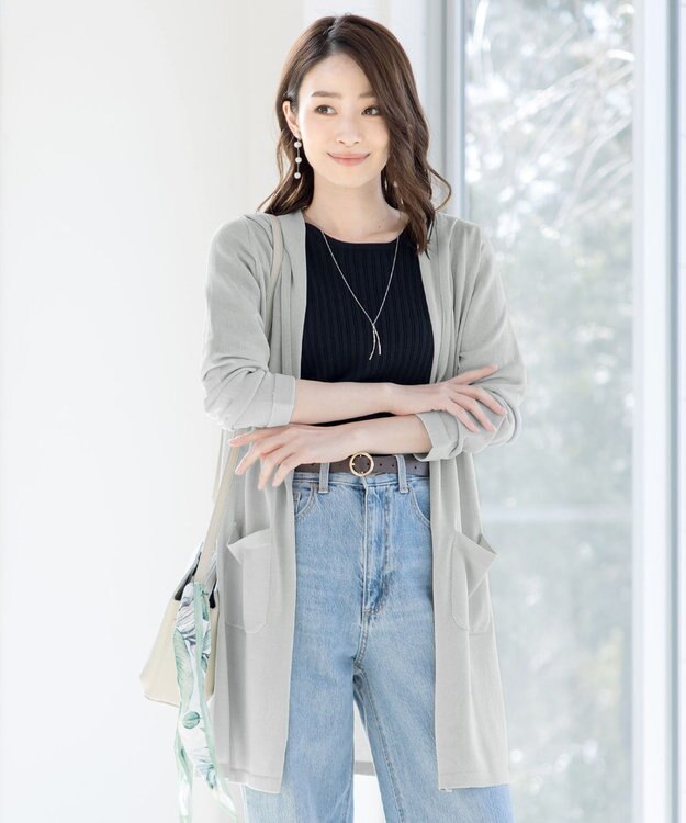 Tiaclasse L 【洗える新色追加・洗える】サマーニットフードロングカーディガン グレー