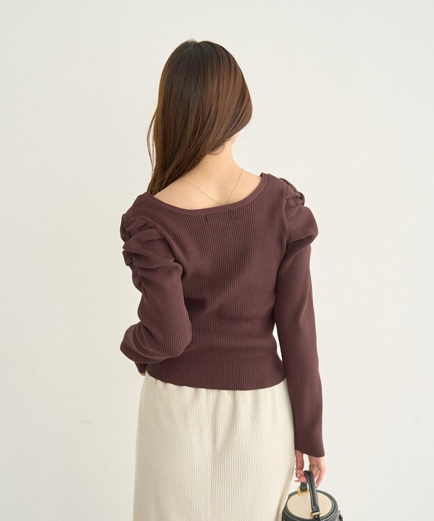 earth music&ecology レイヤード風ギャザーショルダーリブニット Brown