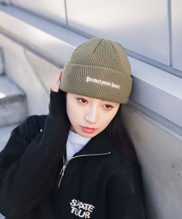 WEGO 【ユニセックス着用ITEM】ロゴショートビーニー カーキ