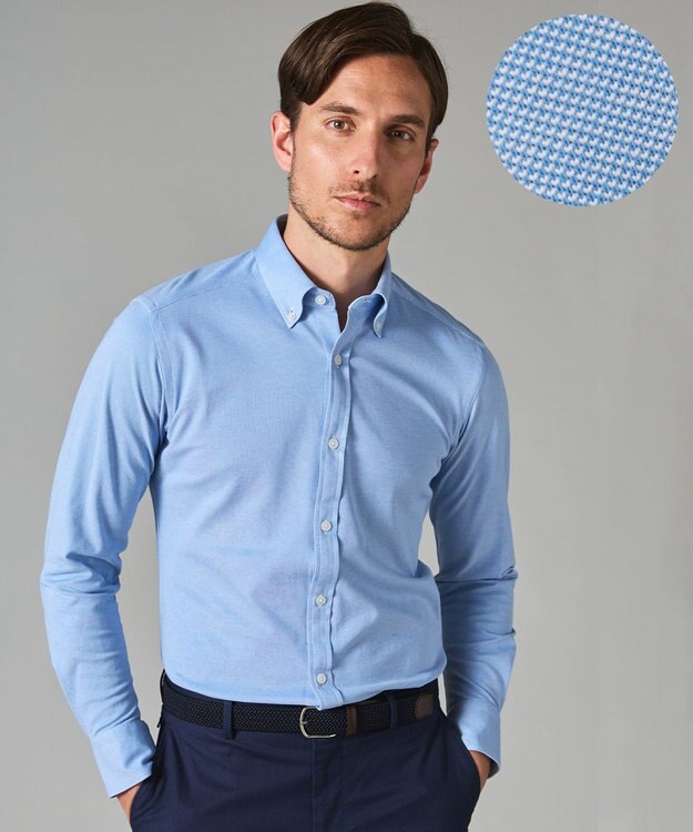 GOTAIRIKU 【吸水速乾】クールマックス鹿の子 ビズシャツ_ボタンダウン サックスブルー系