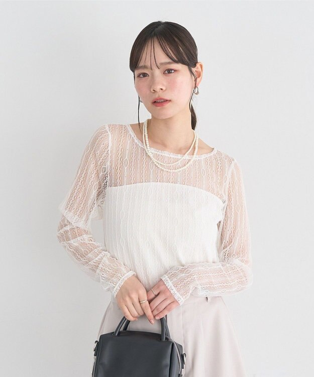 earth music&ecology レースドッキングボートネックプルオーバー Off White