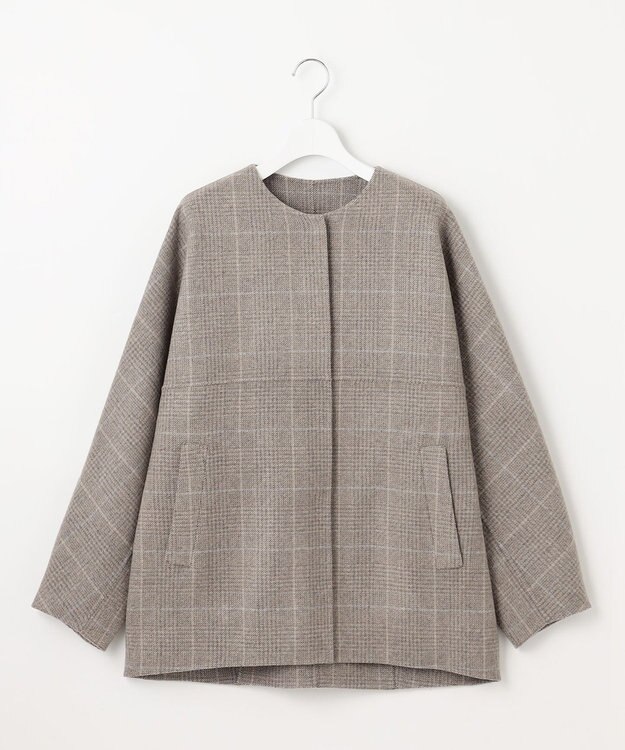 自由区 L 【17号サイズまで展開・カタログ掲載】ウールリバーチェック柄ノーカラー コート モカチェック