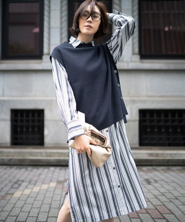 自由区 【洗える/セットアイテム】ウールブレンドベスト×ストライプワンピ ネイビー系1