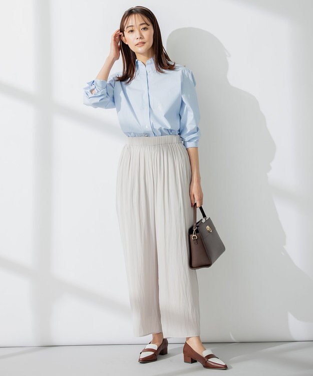 組曲 【洗える】ギャザーライトデシン パンツ ロング丈 ベージュ系