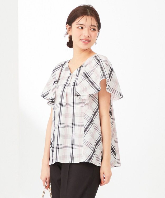 ANY SIS S 【洗える】チェックフレア ブラウス オフホワイトベース