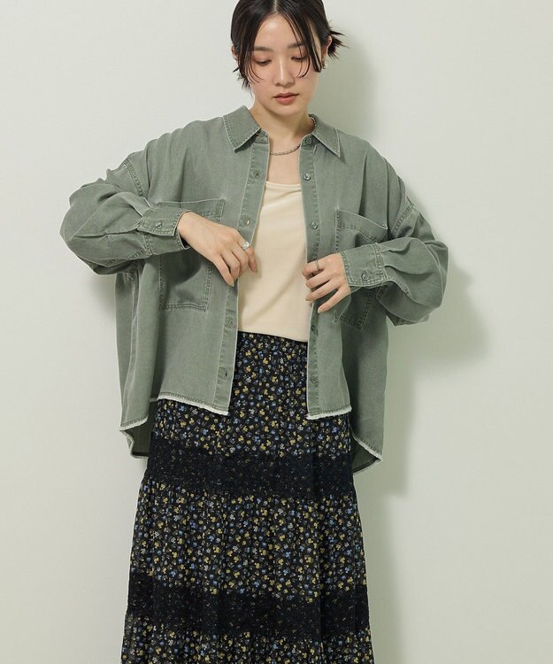 Green Parks 裾フリンジウ゛ィンテージ風シャツ Green