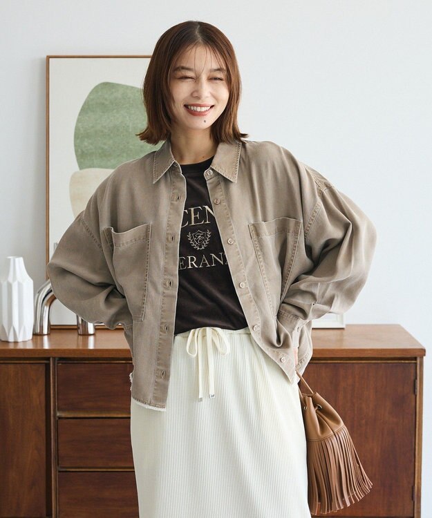 Green Parks 裾フリンジウ゛ィンテージ風シャツ Brown