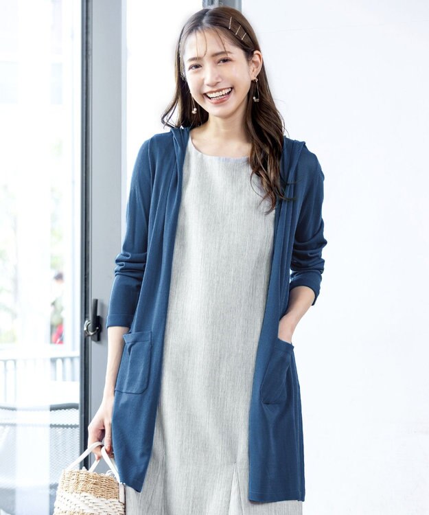 Tiaclasse L 【洗える新色追加・洗える】サマーニットフードロングカーディガン ブルー