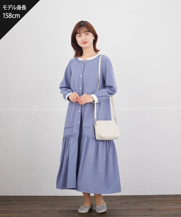 Tiaclasse L ピンタックギャザークレリックシャツワンピース ブルー