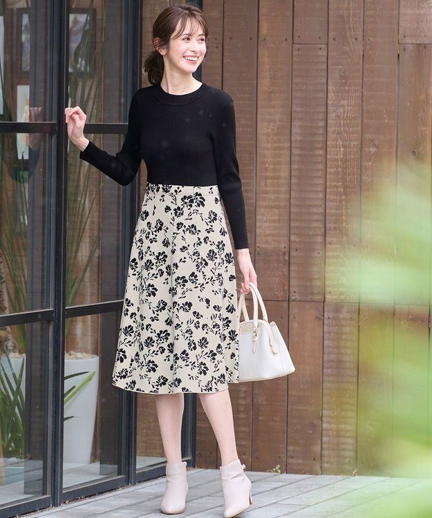 ANY SIS 【美人百花掲載】フラワージャガードニット ワンピース ブラック×アイボリー