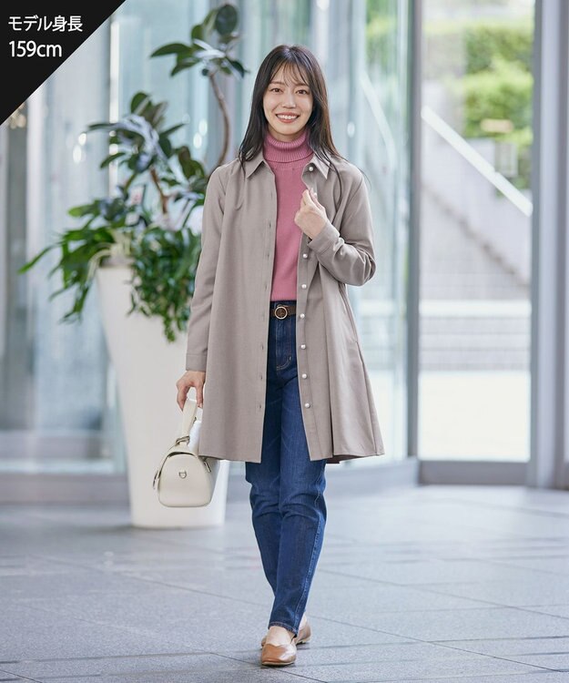 Tiaclasse 【洗える】ウール調パールボタンシャツチュニックブラウス モカ